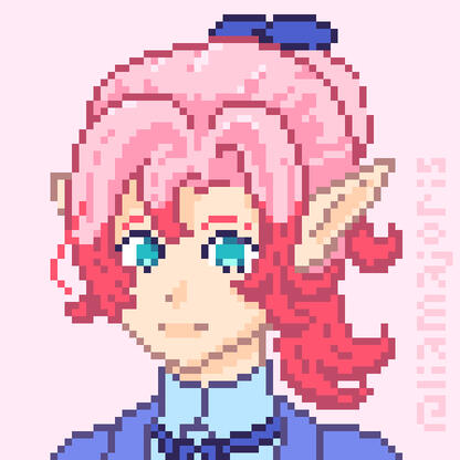 A pixel art rendition of Eleanor from the new Xenoblade Genesis game announcement from the shoulders up. She looks at the viewer at a three-quarters angle. She has pink hair tied back in a ponytail, with a blue ribbon and uniform