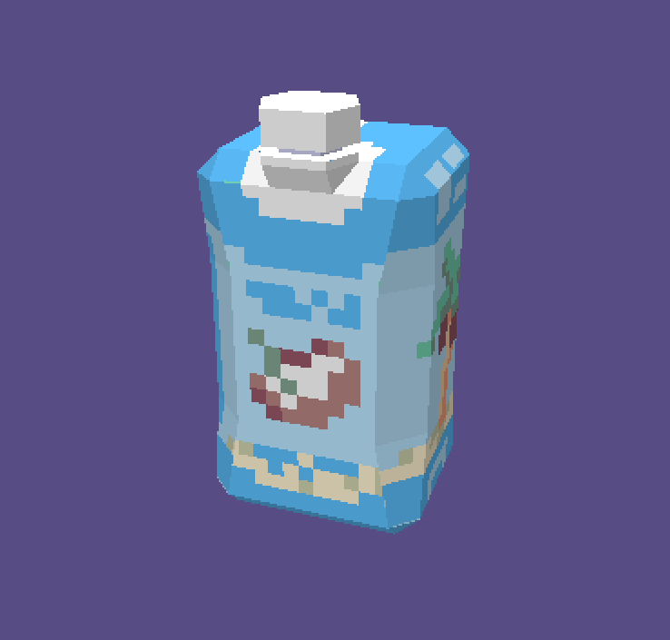 A spinning, low-poly model of a coconut drink box on a purple background